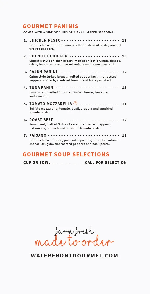 Waterfront Gourmet Menu