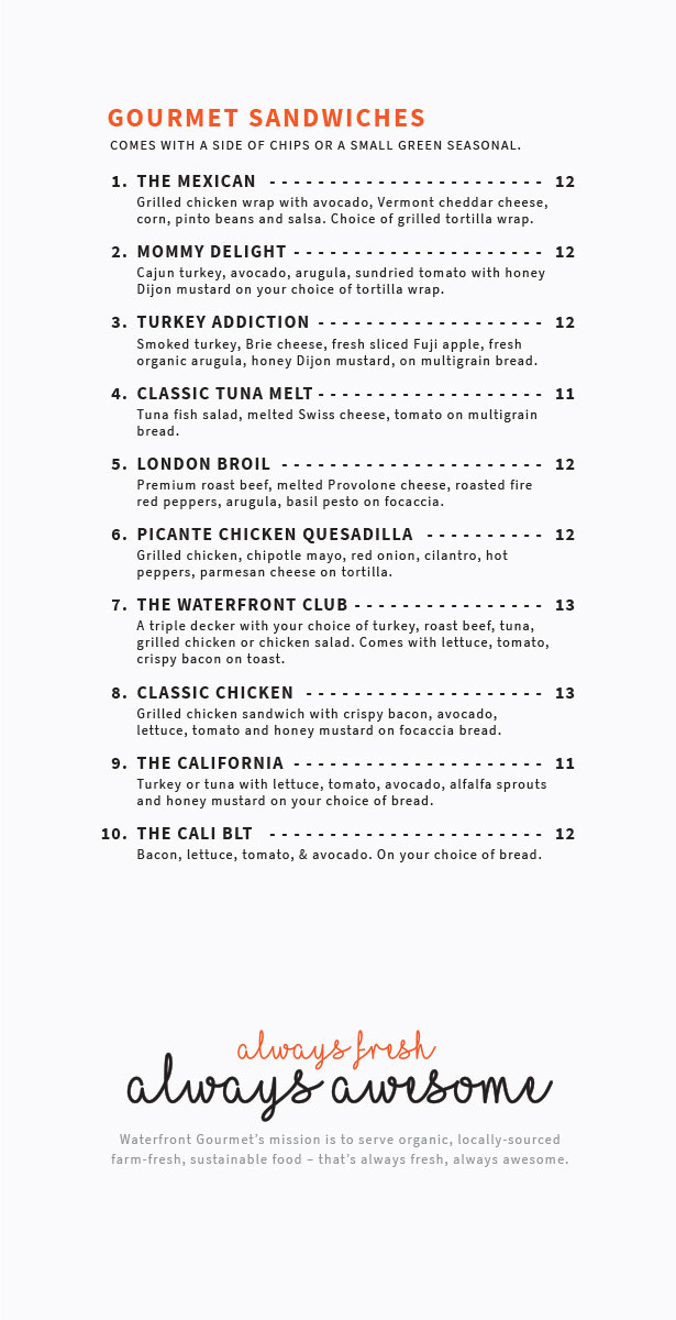 Waterfront Gourmet Menu