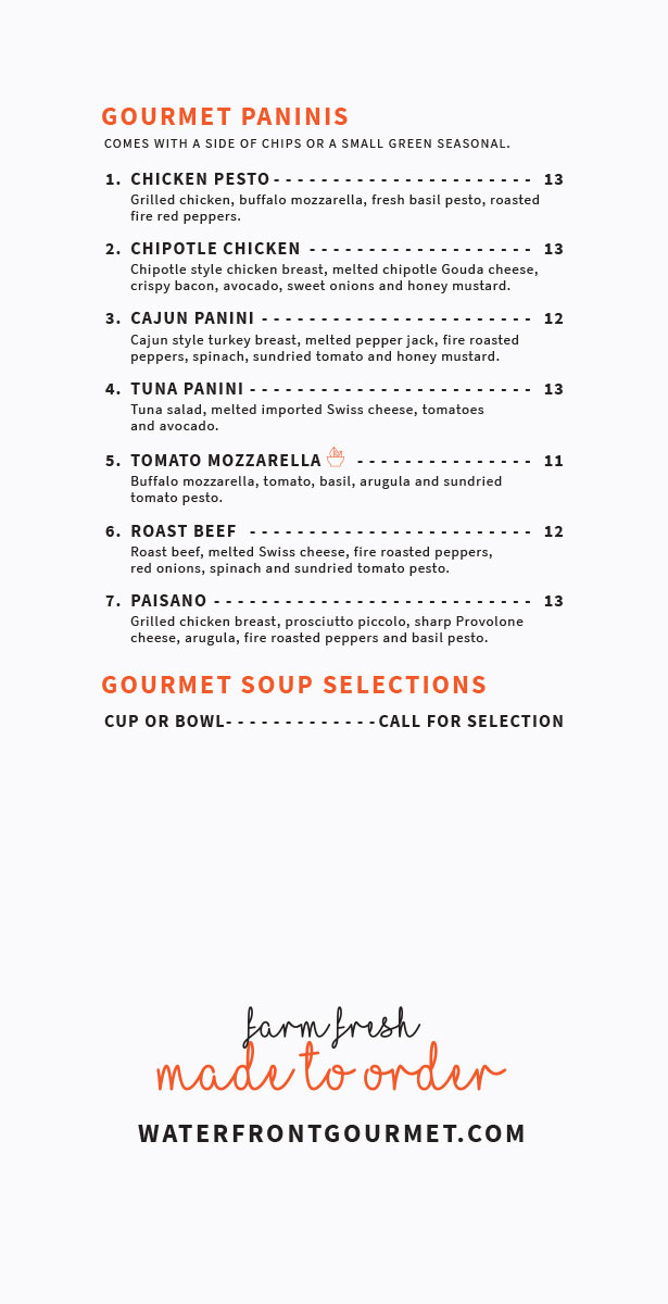 Waterfront Gourmet Menu